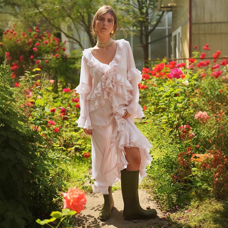 Typhaland – robe longue élégante à volants pour femmes, col en V irrégulier, manches longues, en maille, à la mode, pour vacances d'été, robe de soirée