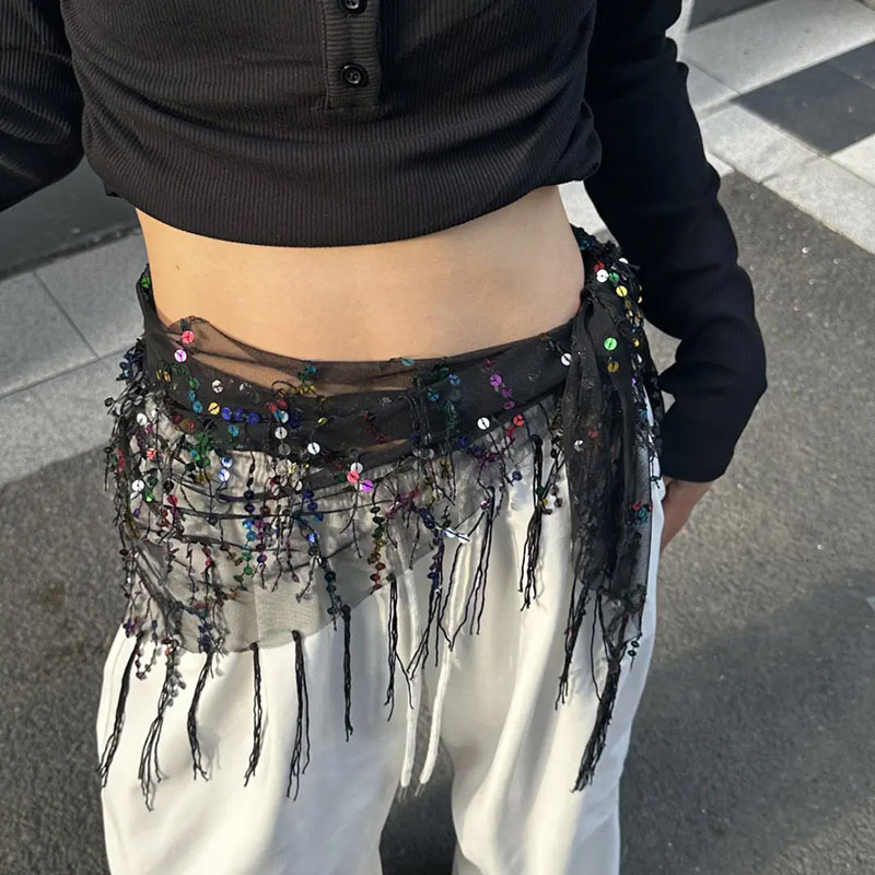 Foulard de taille triangulaire à sequins avec longues franges, accessoire de costume pour danse du ventre, jupe enveloppante, accessoires de mode pour performance et fête