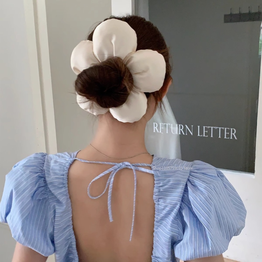 Grande élastique à cheveux en satin à motif floral pour femmes, style coréen, pour les vacances, accessoires de coiffure volumineux