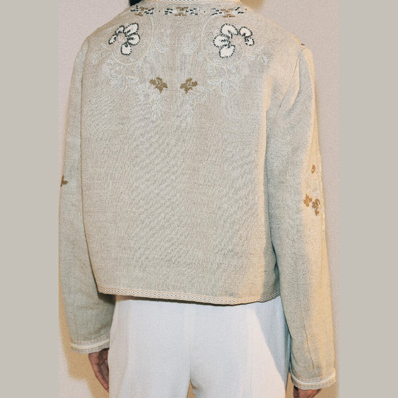 Manteau court élégant pour femme à col montant et manches longues, broderie florale vintage, veste décontractée pour rendez-vous