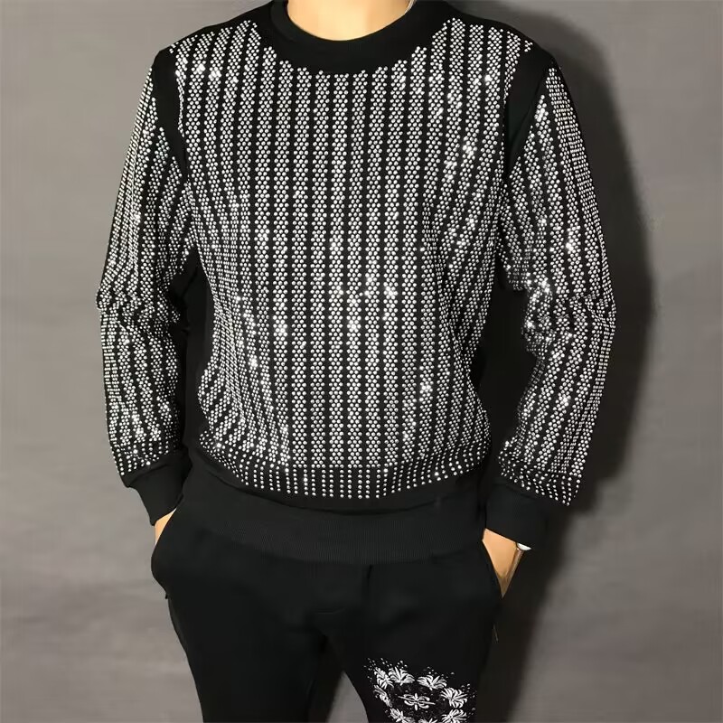 Sweat à capuche d'hiver à manches longues pour homme, col rond, vêtement de marque avec lettres en strass, pull 2025