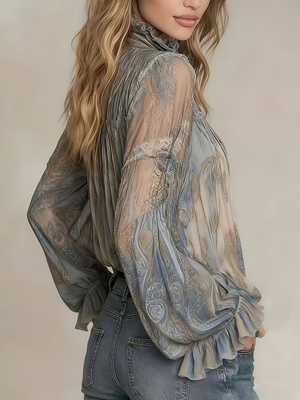 Nouvelle Collection Printemps 2026 : Blouse en Chiffon Imprimé Paisley Rétro avec Col Montant à Volants, Manches Évasées à Nouer, Top Transparent, Vêtements Grande Taille pour Femme, Idéale pour le Travail et les Vacances