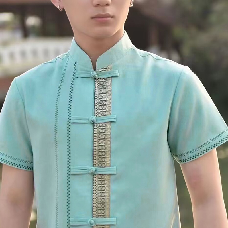 Chemises à col montant pour hommes, vêtements traditionnels Dai, hôtel, Restaurant, serveur, vêtements de travail, vêtements quotidiens, hauts ethniques vietnamiens thaïlandais