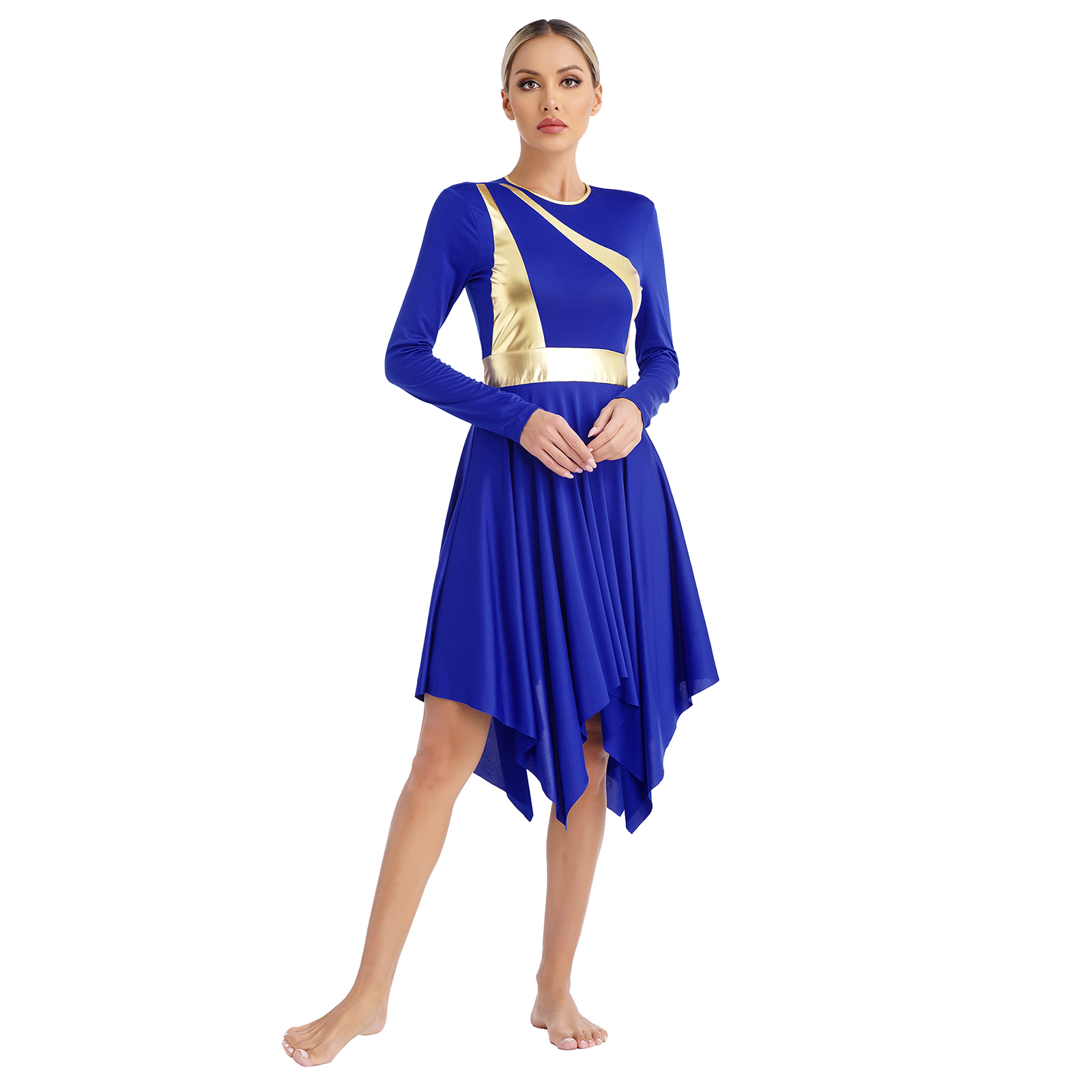 Robe de danse liturgique pour femmes, manches longues, métallique brillant, robe de culte avec pantalon, vêtements de danse de valse pour spectacle de chorale d'église