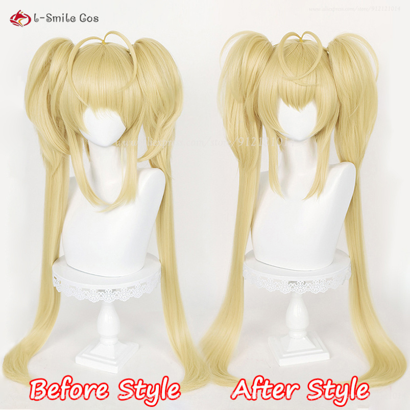 Perruque de Cosplay synthétique jaune doré de 90cm de Long, perruque de fête d'halloween + bonnet de perruque, Anime Tsukiyomi Utau