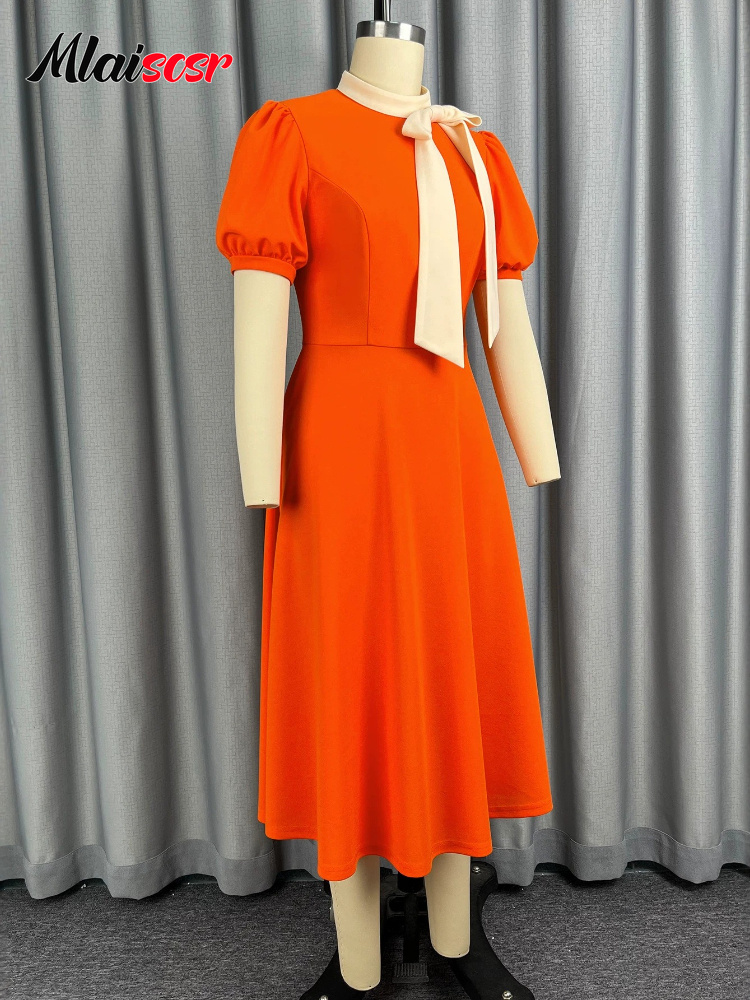 Robe midi orange à col à nœud pour femme, coupe trapèze, manches bouffantes, ajustée, tenue élégante pour soirée cocktail, mariage, soirée africaine