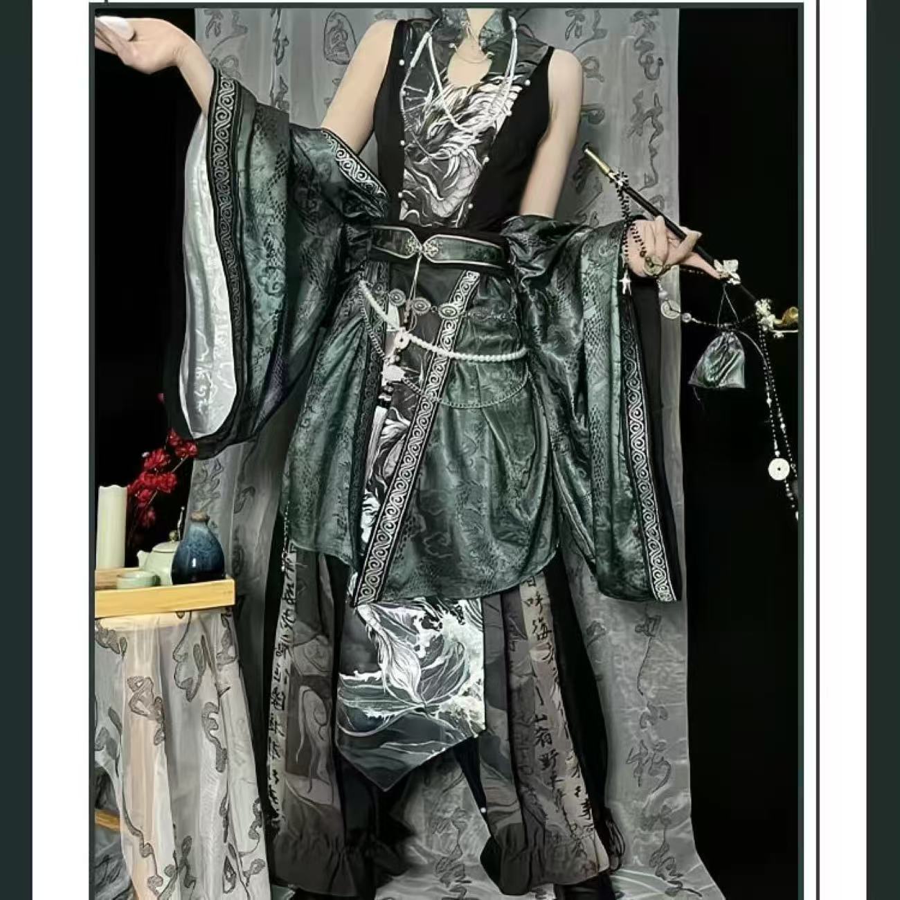 Hanfu – Costume Original de Style chinois pour femmes, éléments Han imprimés, pantalons de chanson, costumes de Cosplay d'halloween, vert noirâtre, COS, nouvelle collection