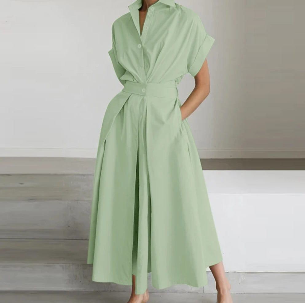 Robe élégante pour femmes, mode été, taille haute, boutons, manches courtes, décontractée, couleur unie, combinaison printemps été, jupe longue