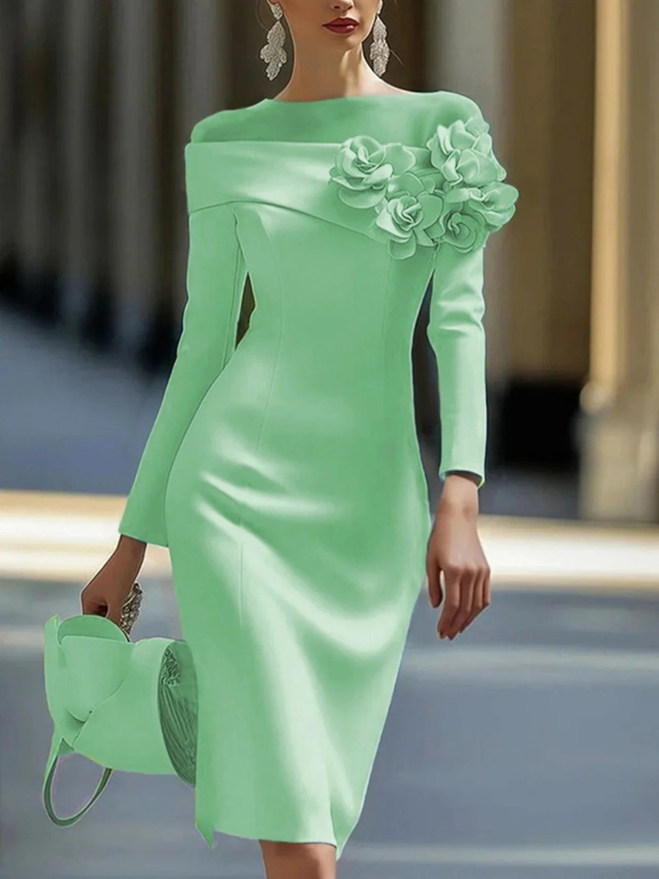 Femmes élégantes 3D Floral col rond robe formelle automne printemps solide mince moulante hanches robe à manches longues robes de soirée au genou