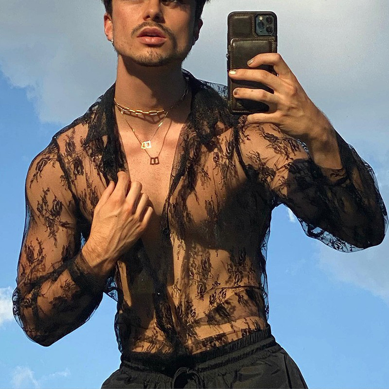 Chemise en dentelle transparente pour hommes, manches longues, résille ajourée, Vintage, Streetwear, Slim, mode, vêtements de fête, S-XL