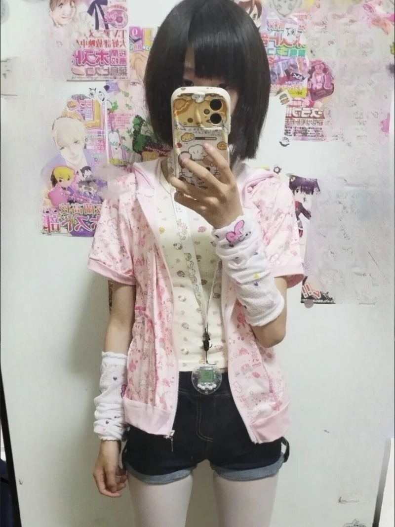 Manteau d'été fin à manches courtes pour femmes, imprimé de dessin animé japonais Kawaii, veste à capuche mignonne Vasual Y2k, vêtements d'extérieur esthétiques doux Grunge