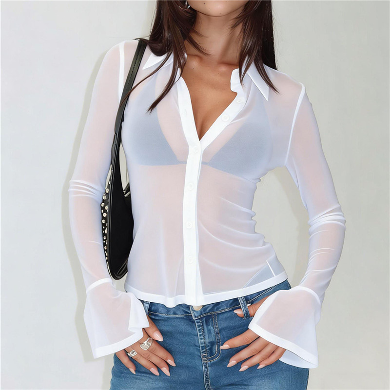 Chemises à boutons transparentes hirigin pour femmes, chemisier à manches longues en maille transparente, chemise à boutons sexy, hauts pour sortir, streetwear