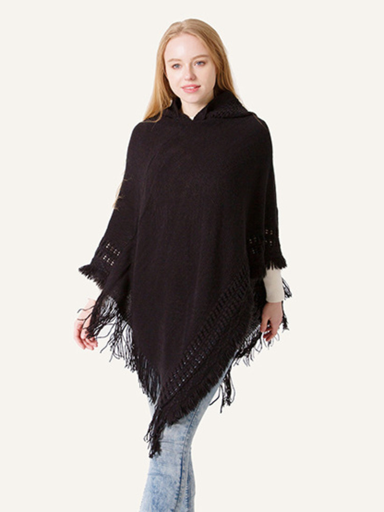 Poncho pull à capuche avec pompon pour femme, châle à manches chauve-souris, cape femme Everak, décontracté, document solide, automne, hiver