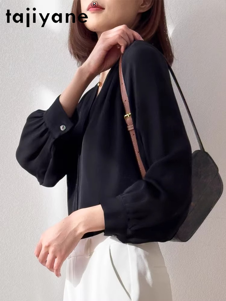 TAJIYANE Chemise 100% Soie de Mûrier Véritable Femme Élégante Blouse Noire Col en V Hauts pour Dames Nouveaux Vêtements de Printemps Femme 2026 блузкаженская