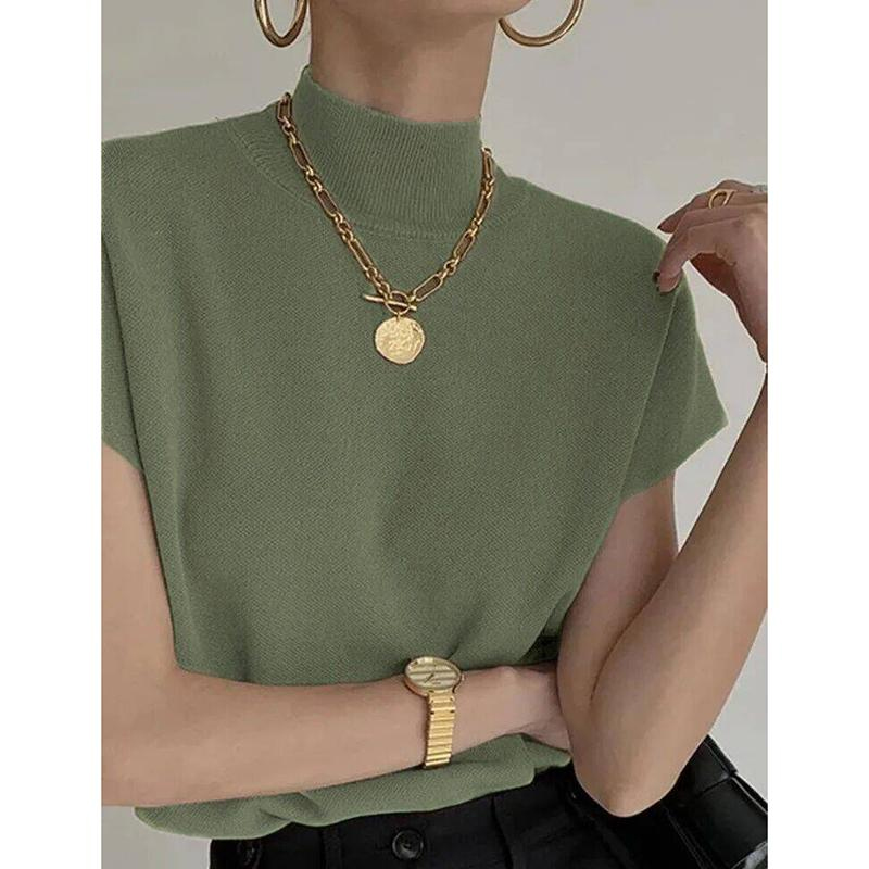 Mode col montant mince femmes tricoté gilet ample solide élégant hauts droits à manches courtes bureau dame t-shirt chemise ample