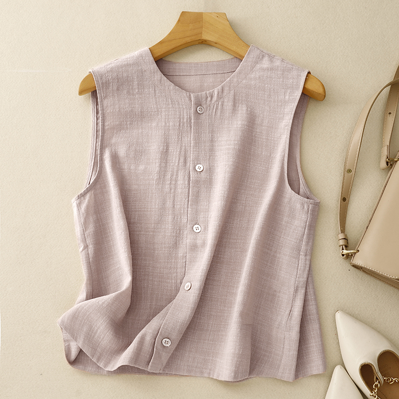 Gilet en coton et lin pour femmes, Style coréen, rose doux, kaki, veste d'été fine sans manches, col rond, boutons, chemises de couverture, Cardigan