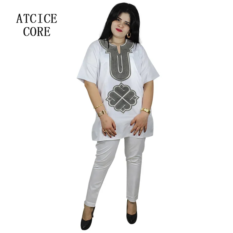 Robe Africaine en Tissu Souple pour Femme, Haut et Pantalon avec Design Brodé