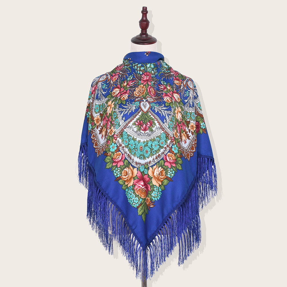 Foulard de Luxe à Imprimé Floral pour Femme, Style Ethnique Russe, Carré, Châle à Franges, Bandana, 135x135cm