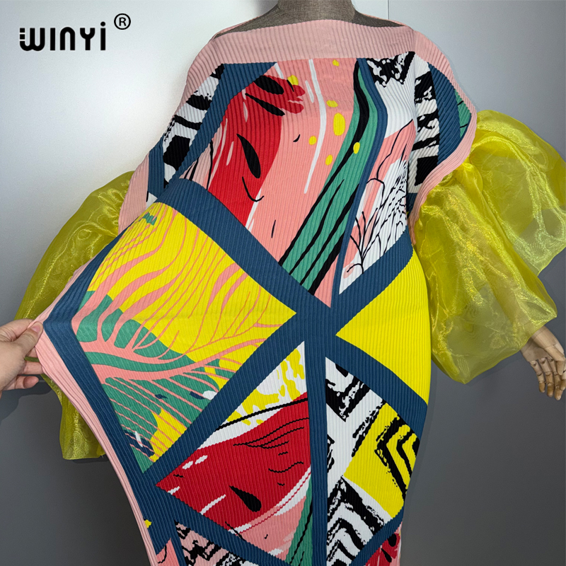 WINYI robe plissée à manches bulles bohème vêtements de plage caftan abaya dubaï robe de soirée de luxe longue robe de soirée femme musulmane