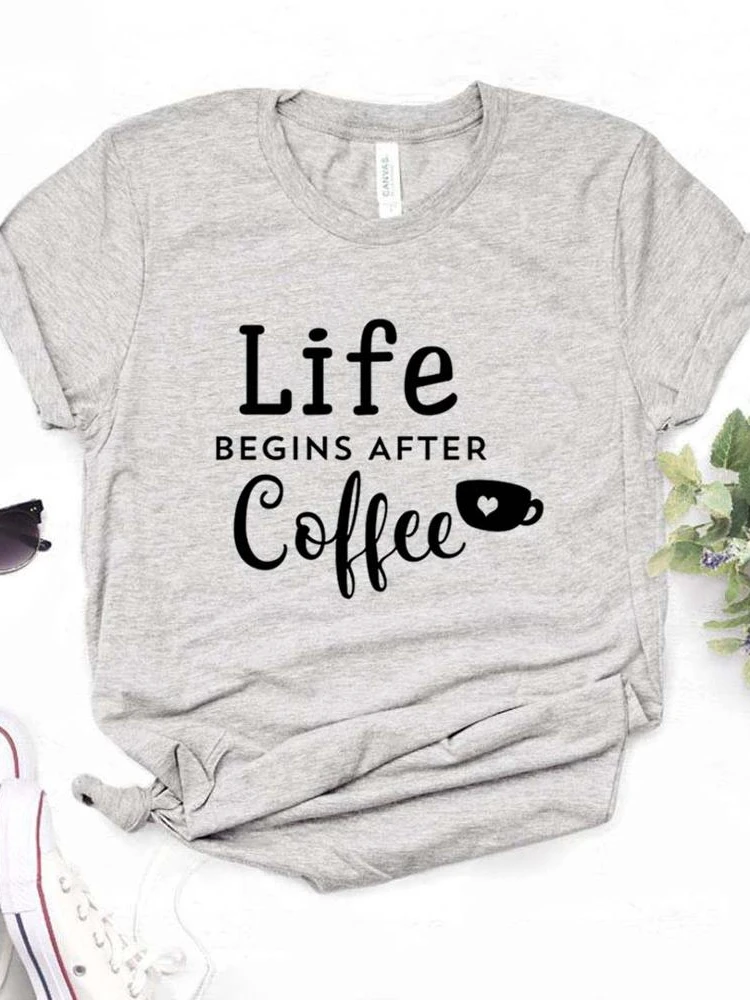 T-shirt manches courtes col rond femme, décontracté, imprimé Life Begins After Coffee