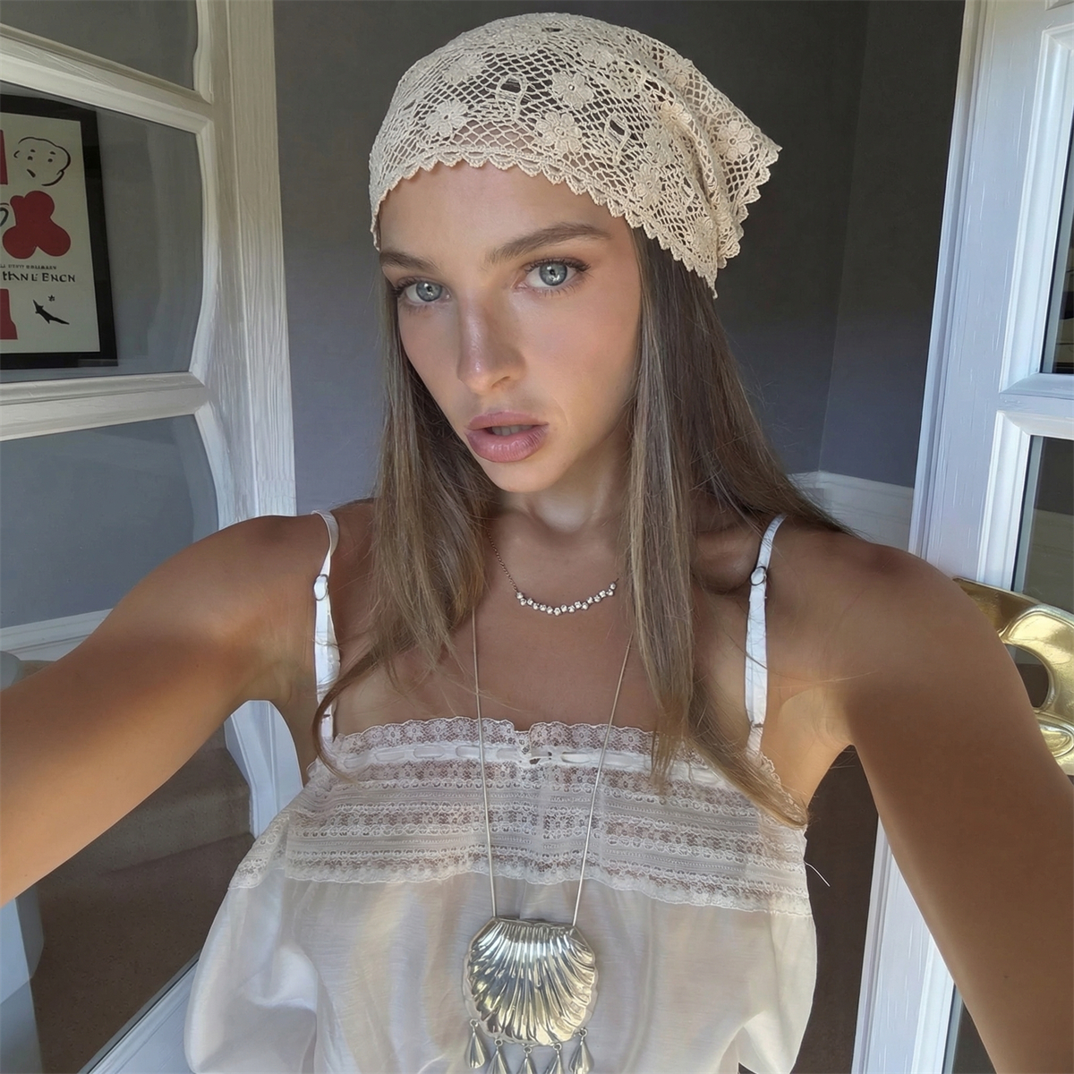 Foulard triangulaire en dentelle pour femmes, style doux pour jeunes filles, protection solaire, printemps-été, style plage français, attache-cheveux, hijab musulman vintage pour femme
