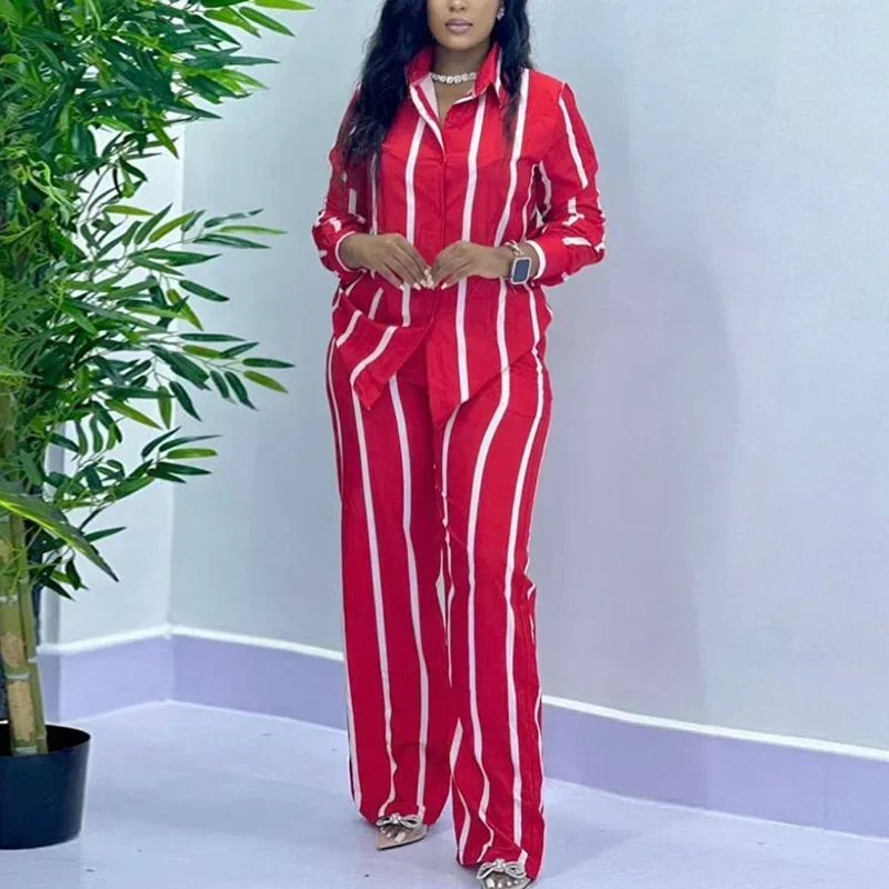Ensemble deux pièces à rayures pour femmes, chemise boutonnée décontractée, pantalon à jambes larges, manches longues, mode africaine, printemps, automne