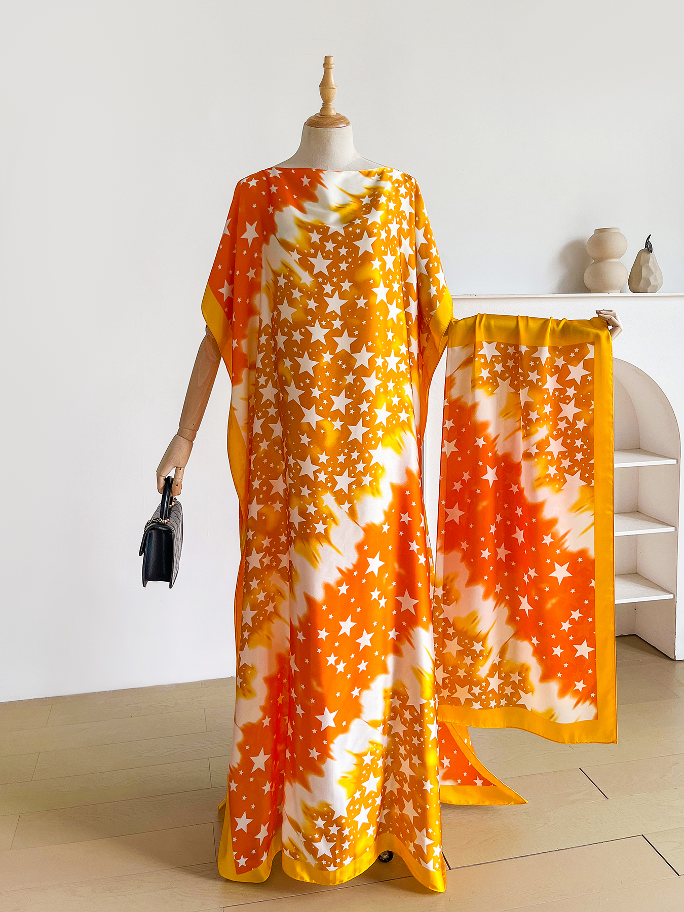 Abaya d'été bohème à imprimé tie-dye avec foulard assorti, robe maxi kaftan ample pour femmes musulmanes africaines, tenue de plage pour les vacances