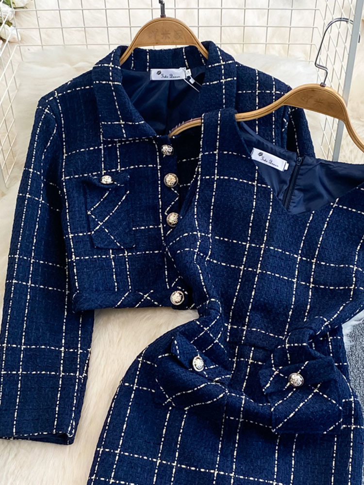 Manteau court à manches longues pour femmes, veste en tweed bleu chic, robe imbibée, glafur s élégant, coréen de luxe, automne, ensemble 2 pièces