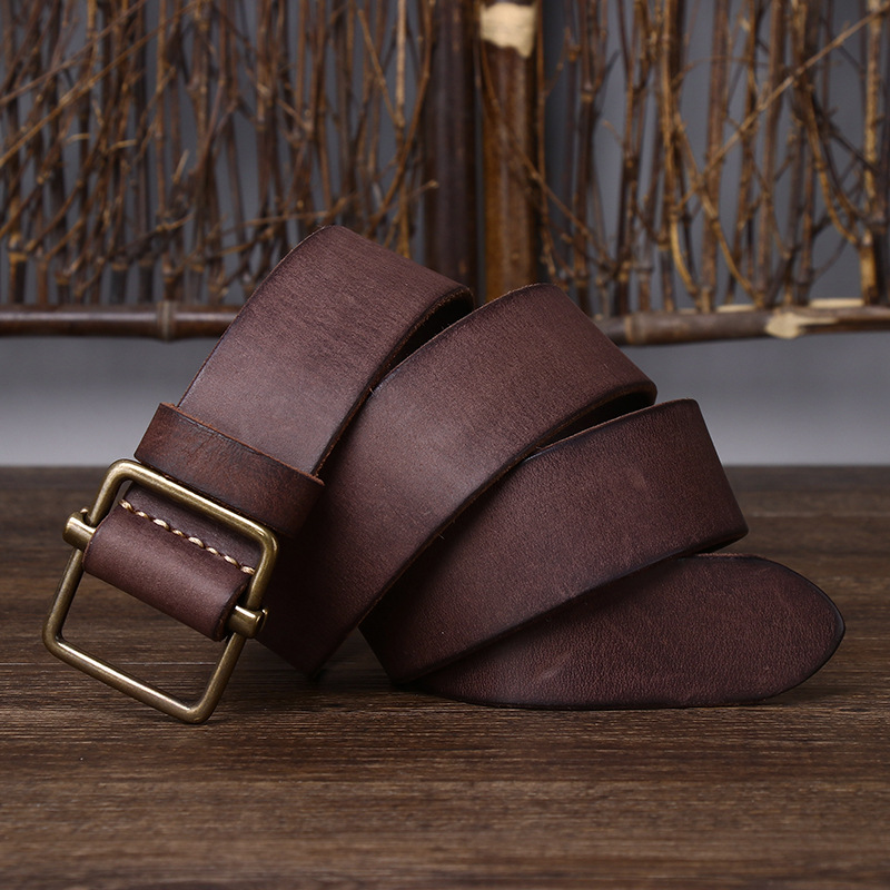 Nouvelle ceinture en cuir non perforée pour homme, boucle lisse, couche supérieure en cuir de vachette, ceinture en jean rétro simple et polyvalente