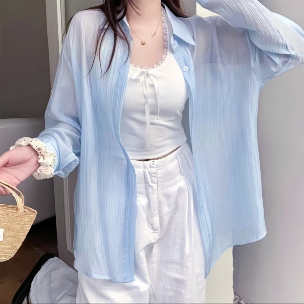 Chemise ample anti-UV à manches longues en soie glacée légère, chemisier en mousseline transparente résistant au soleil