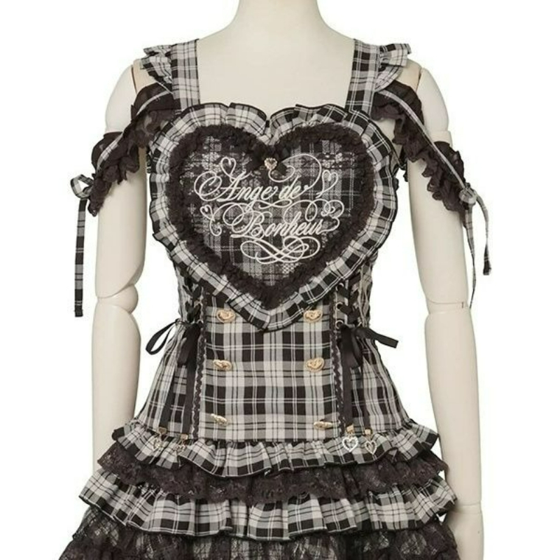 Ensemble de robes Lolita de style japonais pour femmes, vintage, avec dentelle, broderie, nœud, à carreaux, bretelles, style Harajuku Y2k, jupes mini à volants effet gâteau