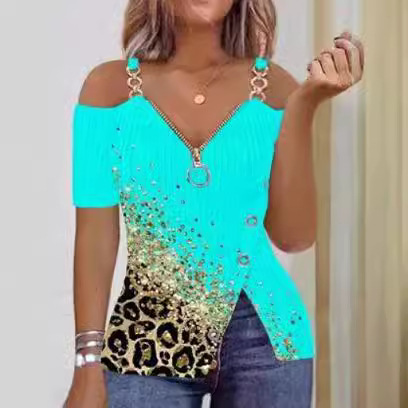 T-shirt à manches courtes pour femmes, haut imprimé, fermeture éclair, ourlet fendu, printemps, été, vêtements pour femmes, chemisier en Y