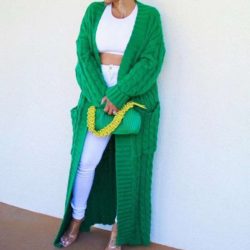 Cardigan Long pour femme, veste tricotée, vert, Crochet, ample, manches longues, pull chaud, décontracté, automne hiver
