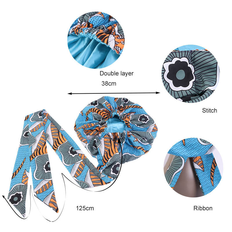 Bonnet en Satin Imprimé Africain pour Femme, Long Ruban Rond, Double Couche, Enveloppe de Sauna, Motif Ankara, Couvre-Cheveux, Grande Taille