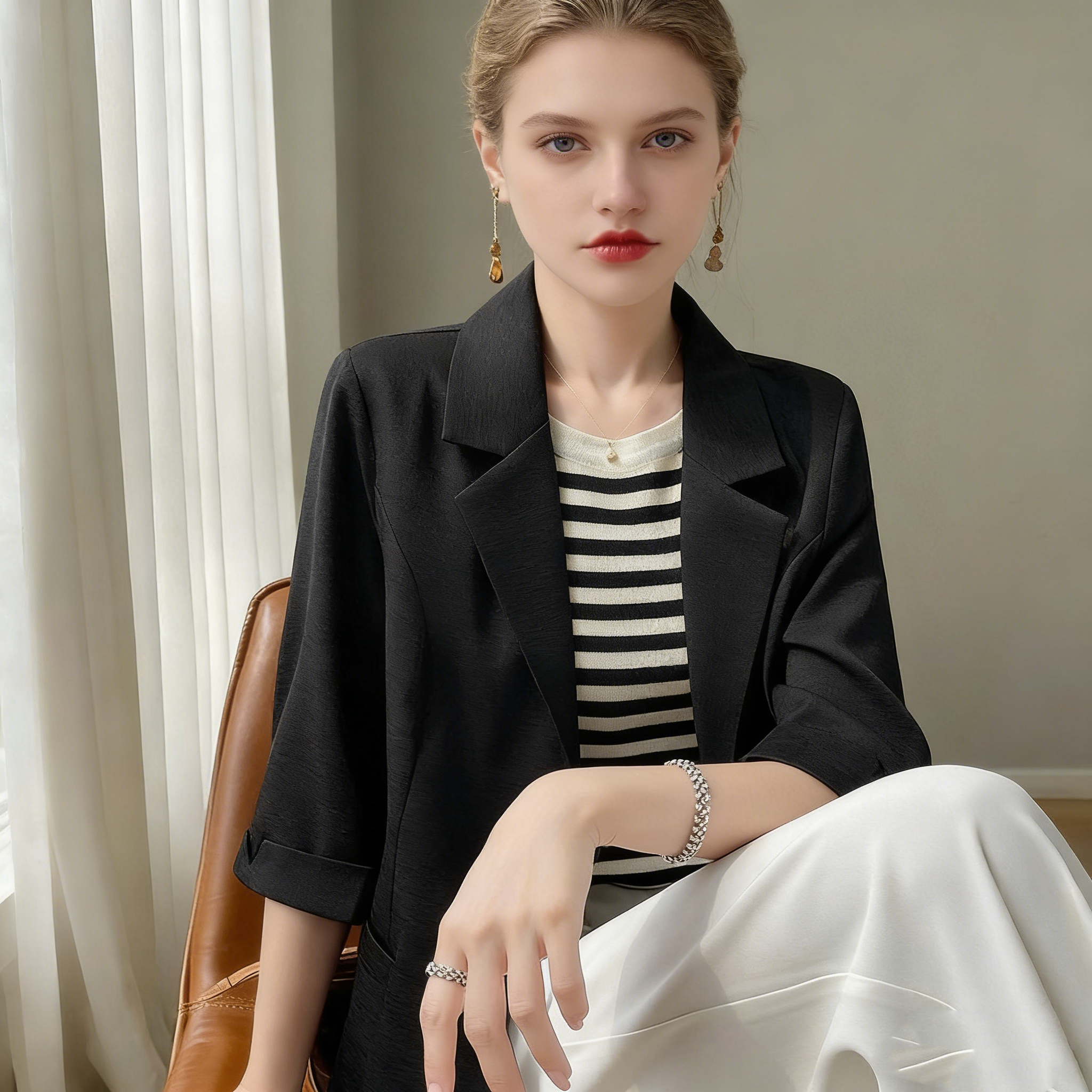 Blazer blanc à manches 3/4 pour femmes, veste de costume de bureau élégante, poche ample, vêtements de travail formels, décontracté pour dames