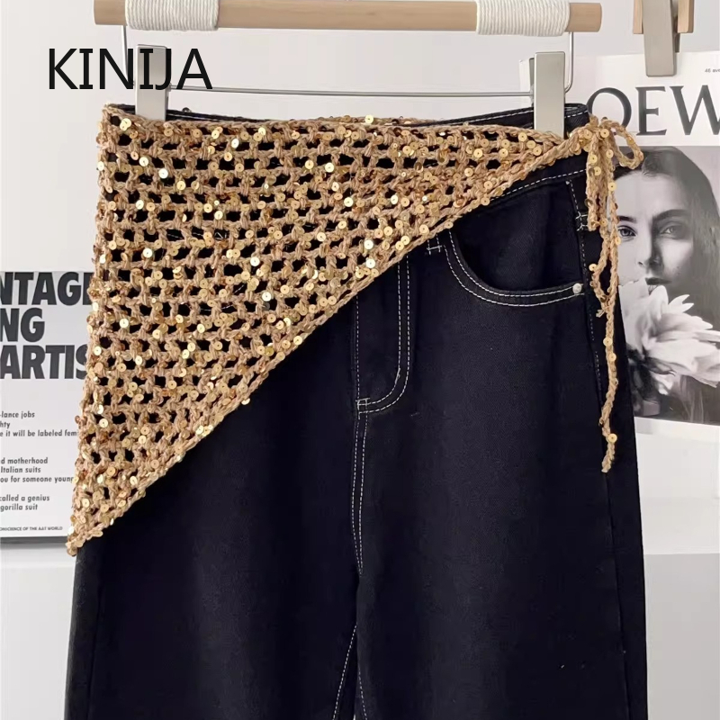 Écharpe triangulaire en tricot ajouré à paillettes style Ins pour femme, polyvalente, décontractée, pour l'été, les voyages et les photos, style Y2K, bonnets et bandeaux