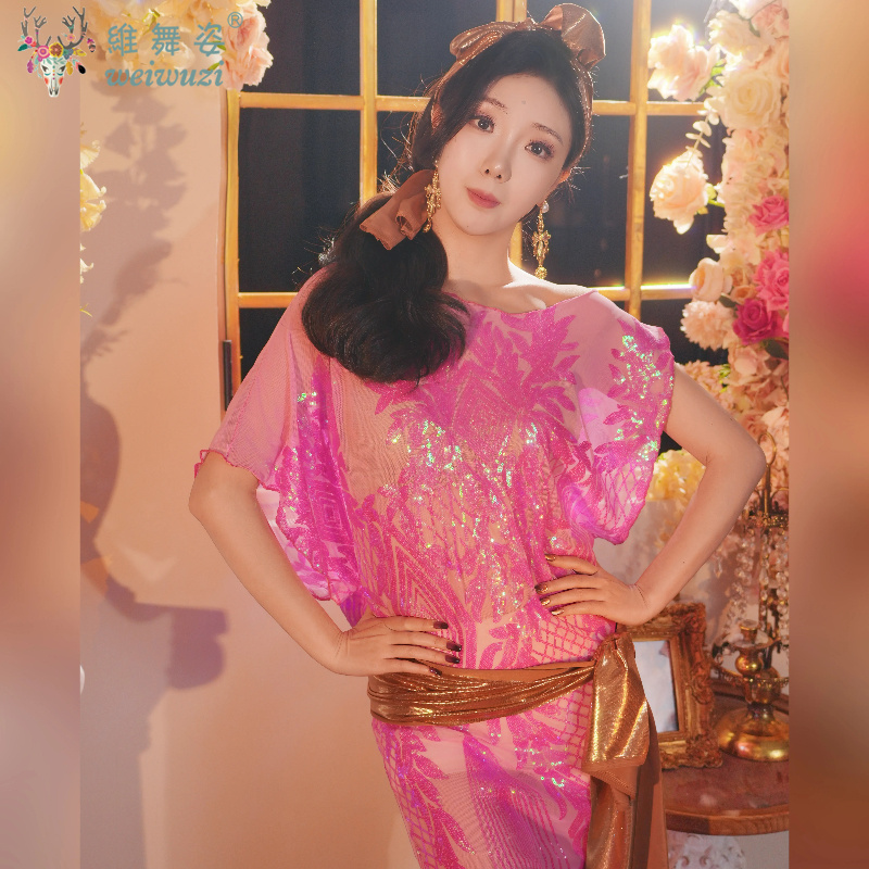 Robe de danse orientale pour femmes, costume de scène Shaabi Baladi Saidi, robe à paillettes + foulard + harnais de danse orientale