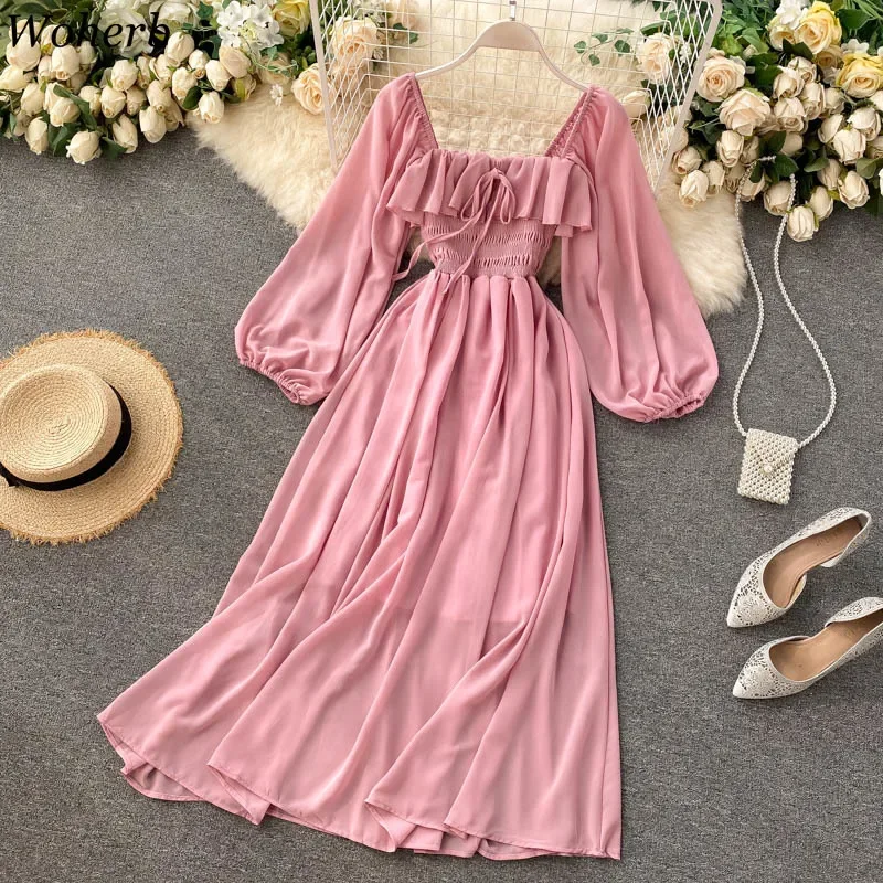 Robe maxi chic et élégante à col carré pour femmes, robe en mousseline de soie unie à manches bouffantes, robe de plage vintage à volants, robe Y2k