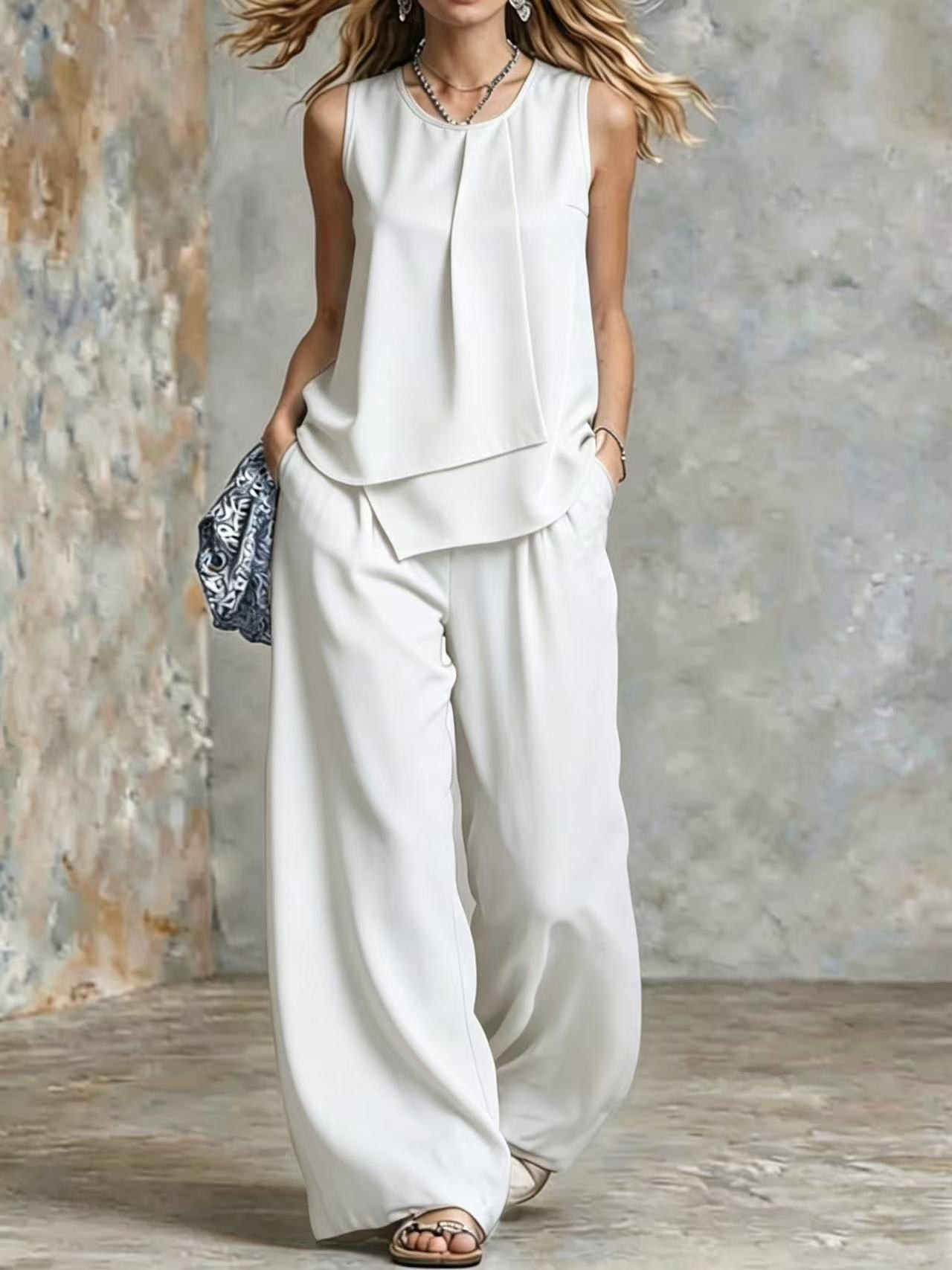 Ensemble 2 pièces pour femme, été, uni, sans manches, haut superposé asymétrique, pantalon taille haute à jambes larges, élégant, décontracté, pour le bureau