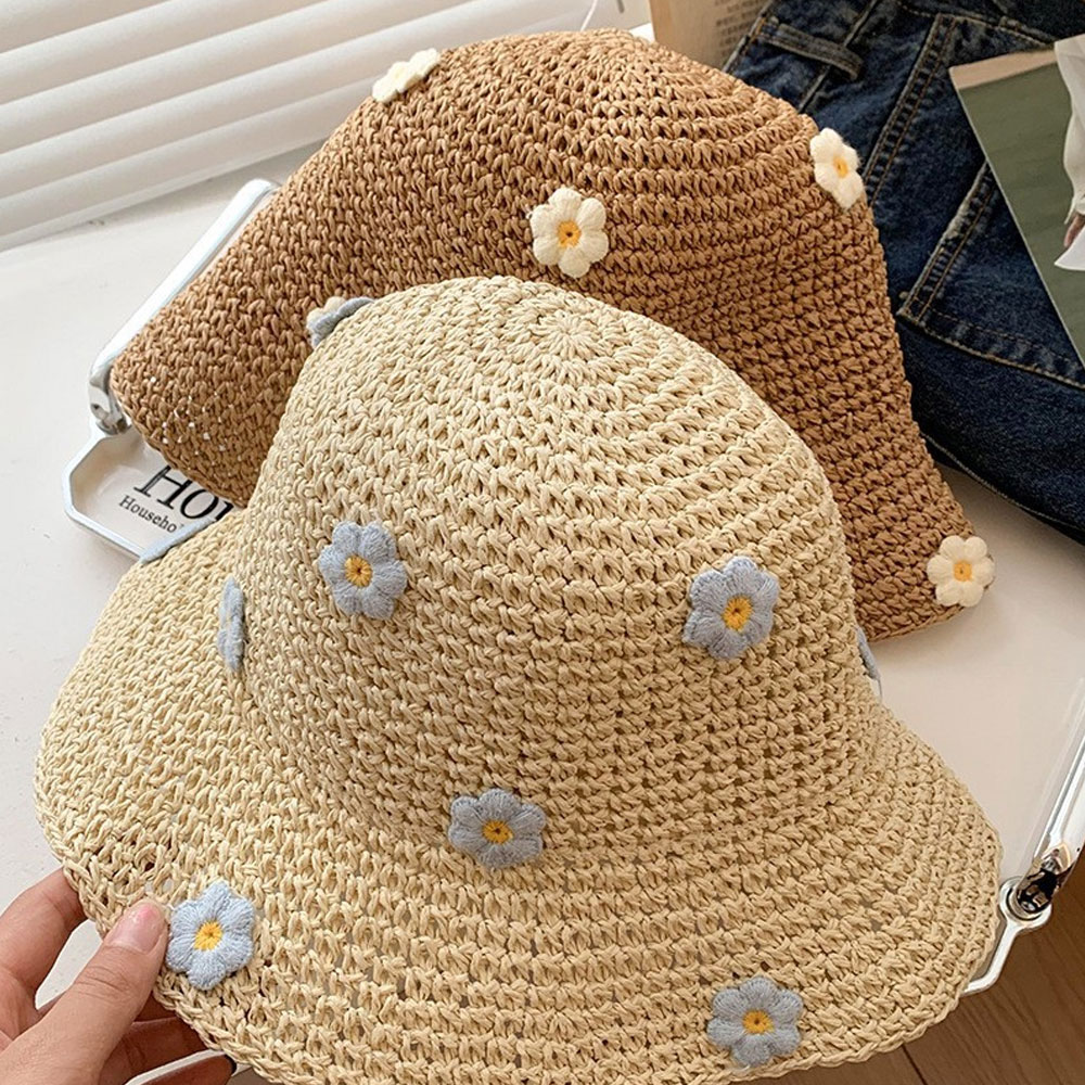 Chapeau de paille fleuri pour femme, chapeau de pêcheur pliable anti-UV pour l'été, chapeau tressé ajouré style vacances