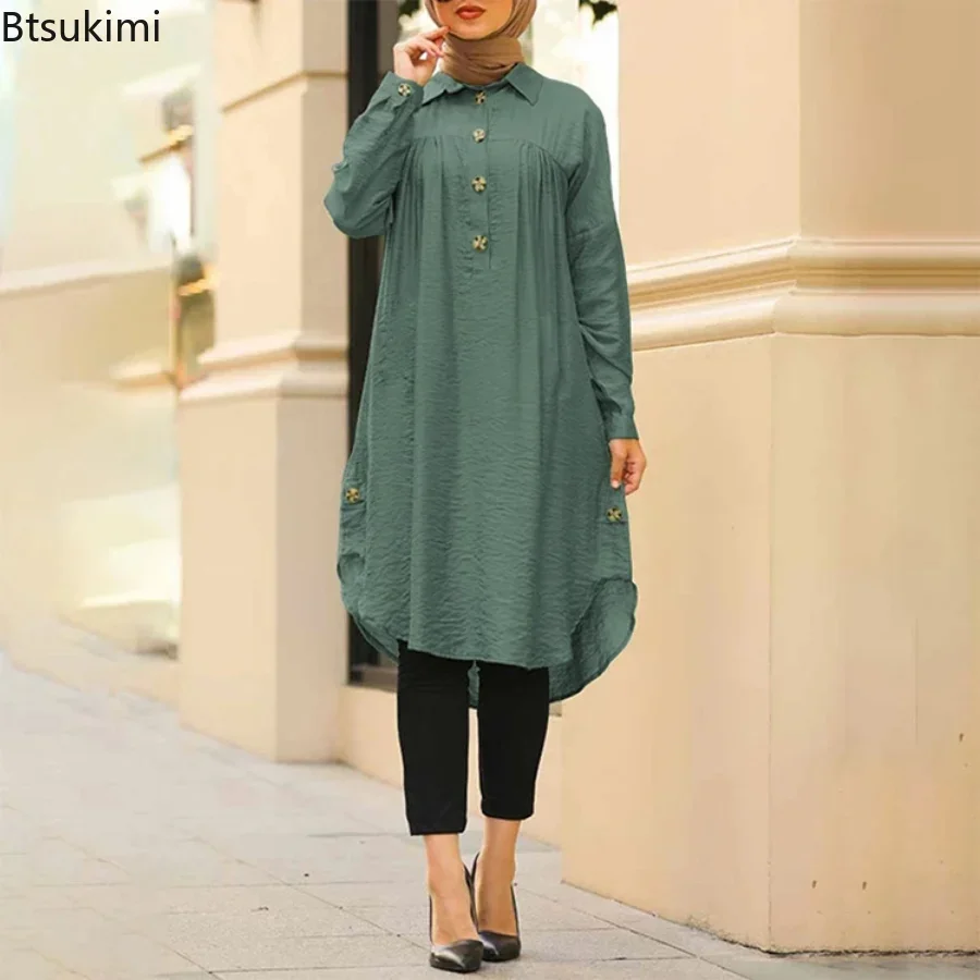 Chemisier musulman solide pour femmes, chemise longue Simple en coton et lin, arabie saoudite, Islam, hauts pour dames, robes trapèze, été 2026