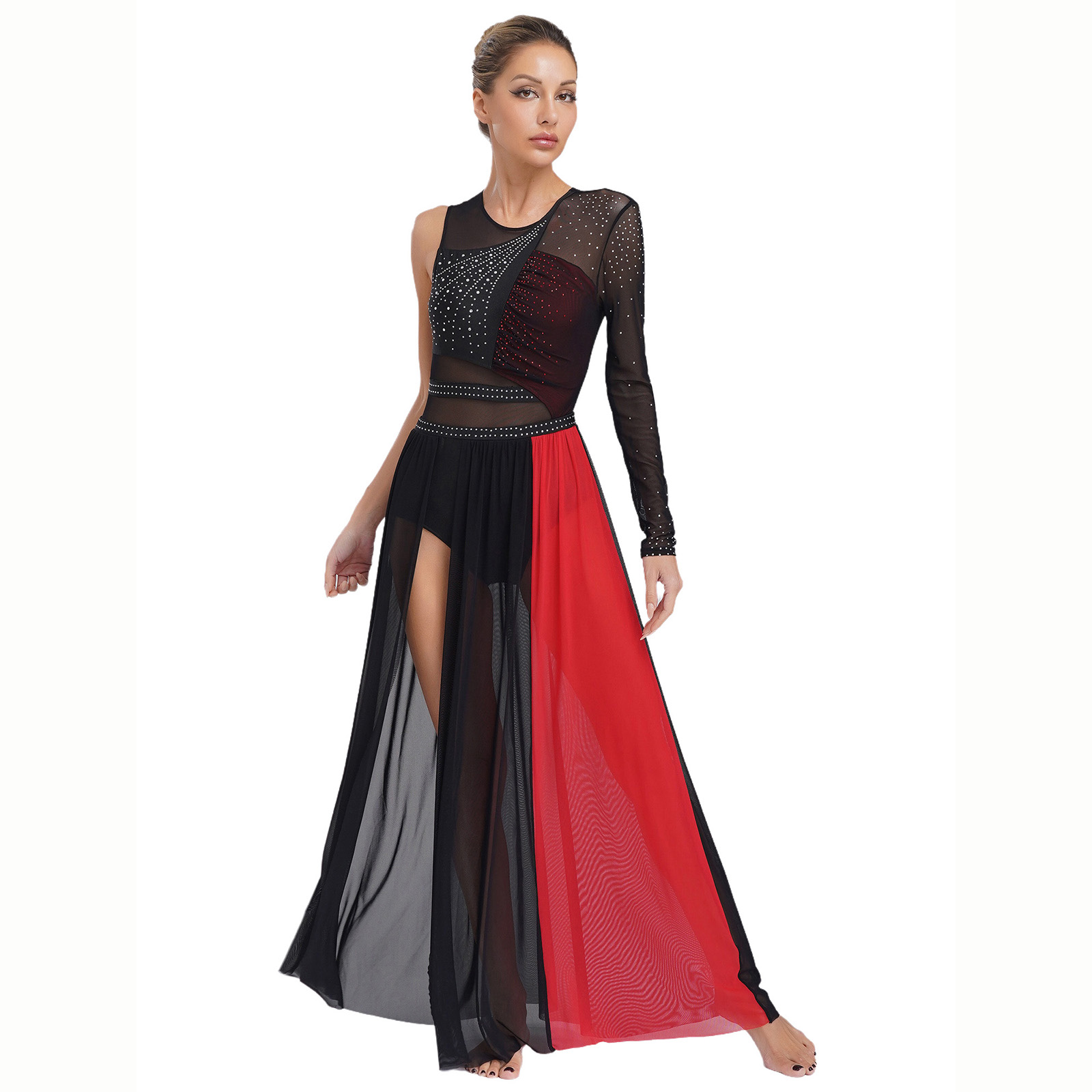 Robe de danse lyrique pour femmes, strass brillants, fente latérale, maille transparente, bloc de couleur, Patchwork, justaucorps, robe de Ballet moderne