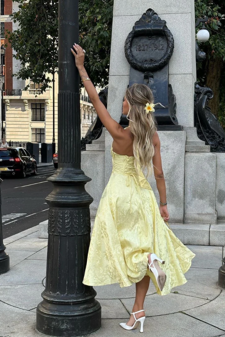 Robe longue Corset en Jacquard jaune pour femmes, col en V, col licou, nœud licou, robes de soirée d'été, d'anniversaire, rose, blanc, nouvelle collection 2025, pour invités de mariage