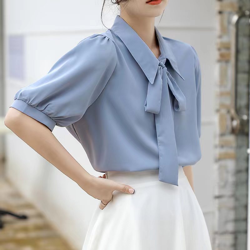 Chemisier Vintage Élégant en Mousseline de Soie pour Femme, Chemises Décontractées à Manches Courtes, Vêtements de Travail Solides, Nouvelle Collection Été 2024