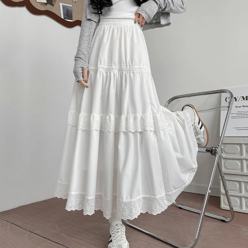 Jupe plissée en dentelle blanche coréenne pour femmes, taille haute, Patchwork de gâteau, jupes longues, Chic, ample, ligne A, été, 2025
