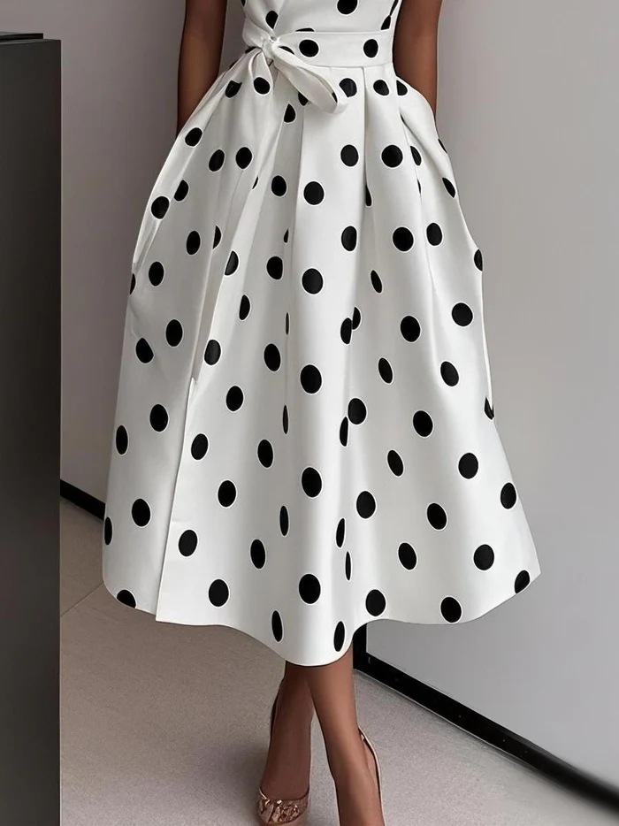 Robe sans manches à pois pour femme, col en V, corsage croisé, ceinture à nouer, robe plissée, poches latérales, tenue élégante pour les fêtes et le bureau