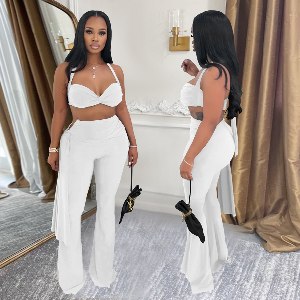 Tenues Sexy pour femmes, haut court torsadé sur le devant et bretelles longues, pantalons à jambes larges, ensembles de survêtements froncés en métal, salopette de nuit Chic