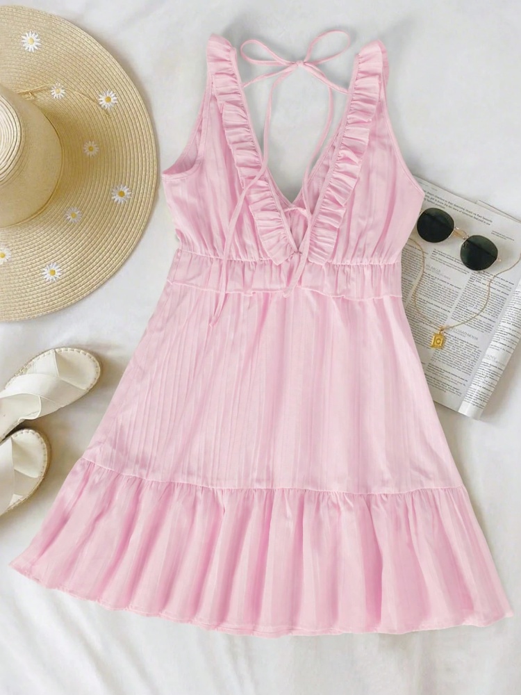 Robe Courte Texturée Femme à Bretelles Fines, Col en V, Rose Uni, Semi-Élégante, Sexy, Décontractée, avec Volants et Nœud au Dos pour l'Été