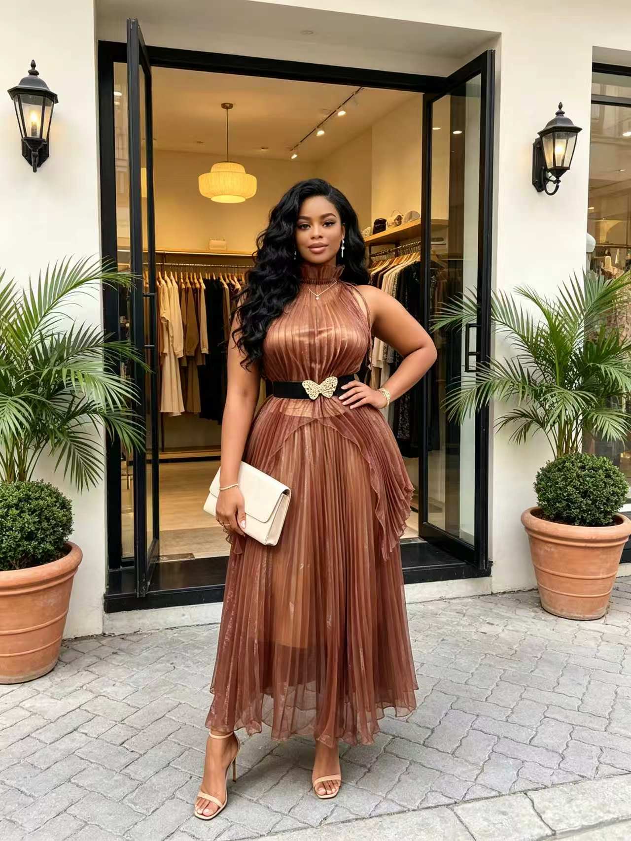 Ensemble jupe plissée deux pièces pour femmes grandes tailles, haut sans manches à col montant, robe midi avec ceinture papillon noir et or, élégant pour femmes