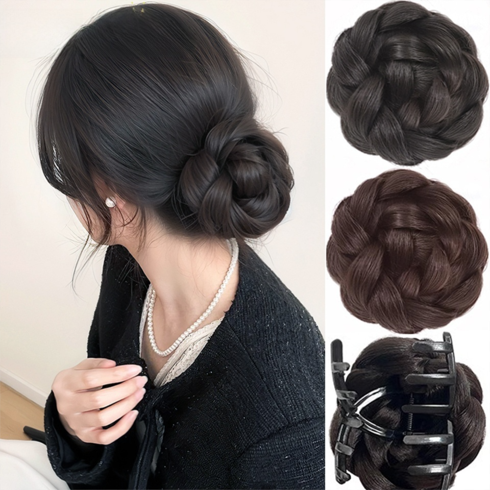 Élégant chignon synthétique à pince, postiche naturel et volumineux, marron noir, pour femme